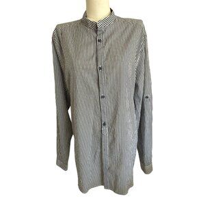 H&M Blue White Striped Long Roll Tab Sleeve Button Up Tunic Women's Sz L
